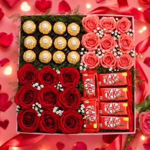 Romantic gift box with 9 red roses, 9 pink roses, KitKat chocolates and Ferrero Rocher