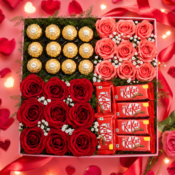 Romantic gift box with 9 red roses, 9 pink roses, KitKat chocolates and Ferrero Rocher