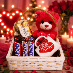 Romantic gift basket with teddy bear, Ferrero Rocher chocolates, Snickers and love mug