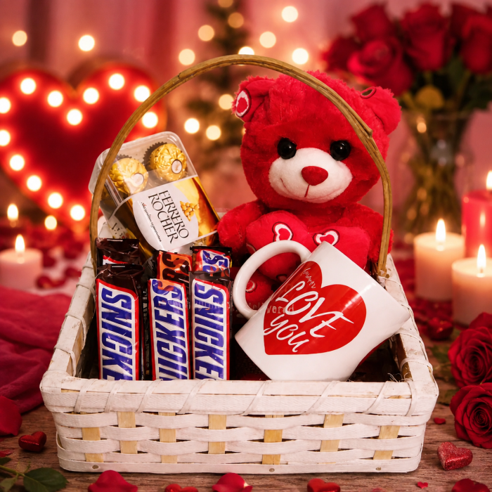 Romantic gift basket with teddy bear, Ferrero Rocher chocolates, Snickers and love mug