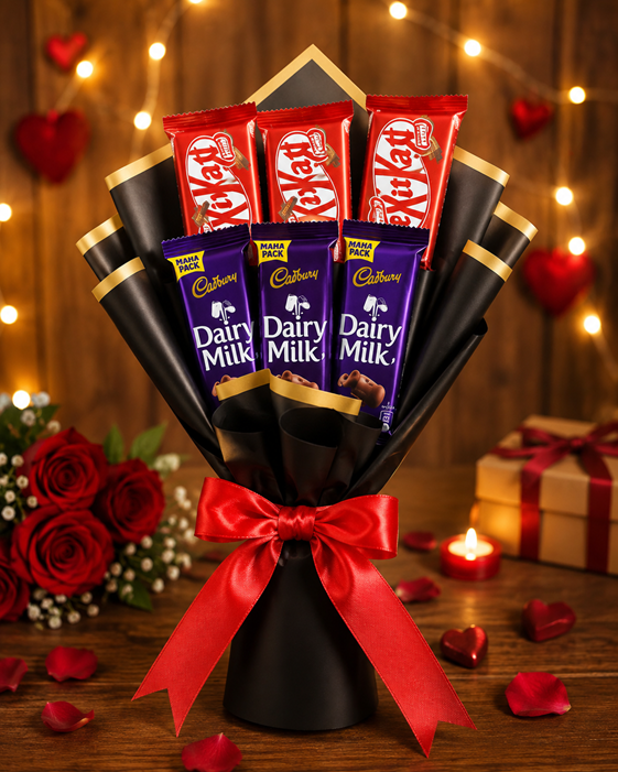 Chocolate bouquet with 3 KitKat and 3 Dairy Milk chocolates for special occasions