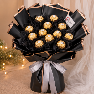 Black Ferrero Rocher chocolate bouquet with 8 chocolates and message card