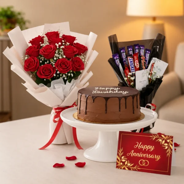 Flowers + Chocolates + Cake + Greeting Card