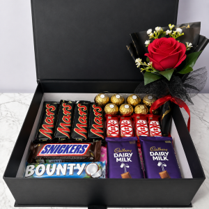 Rose & Cocoa Chocolate Gift Box with Cadbury Dairy Milk, Mars, KitKat, Snickers and artificial flower bouquet