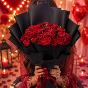 red rose bouquet in elegant black wrap with romantic presentation