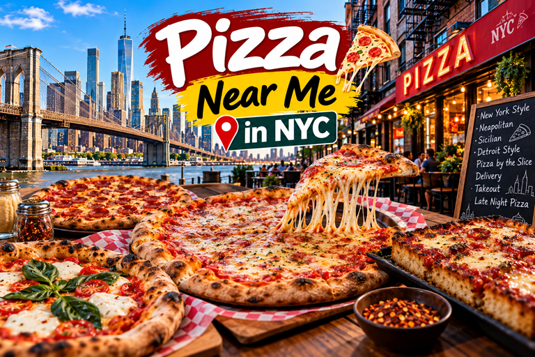 Pizza Near Me in NYC | New York Pizza Guide Pizza near me in NYC with New York-style pizza and Manhattan skyline