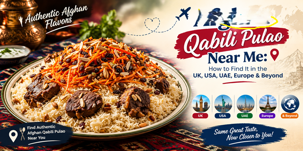 Afghan Qabili Pulao Afghan Qabili pulao near me: lamb, golden rice, carrots and raisins on a platter