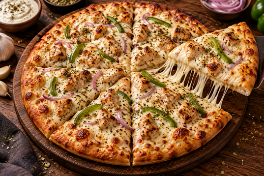Malai Boti Pizza in Peshawar Malai boti pizza with creamy chicken, melted mozzarella, onions and capsicum