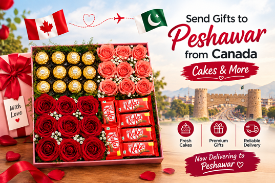 Send Gifts to Peshawar from Canada Send gifts to Peshawar from Canada: customised cake, flowers and gift basket at a family's door