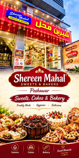 Shereen Mahal Sweets & Bakers Poster Shereen Mahal Peshawar sweets and bakery on University Road