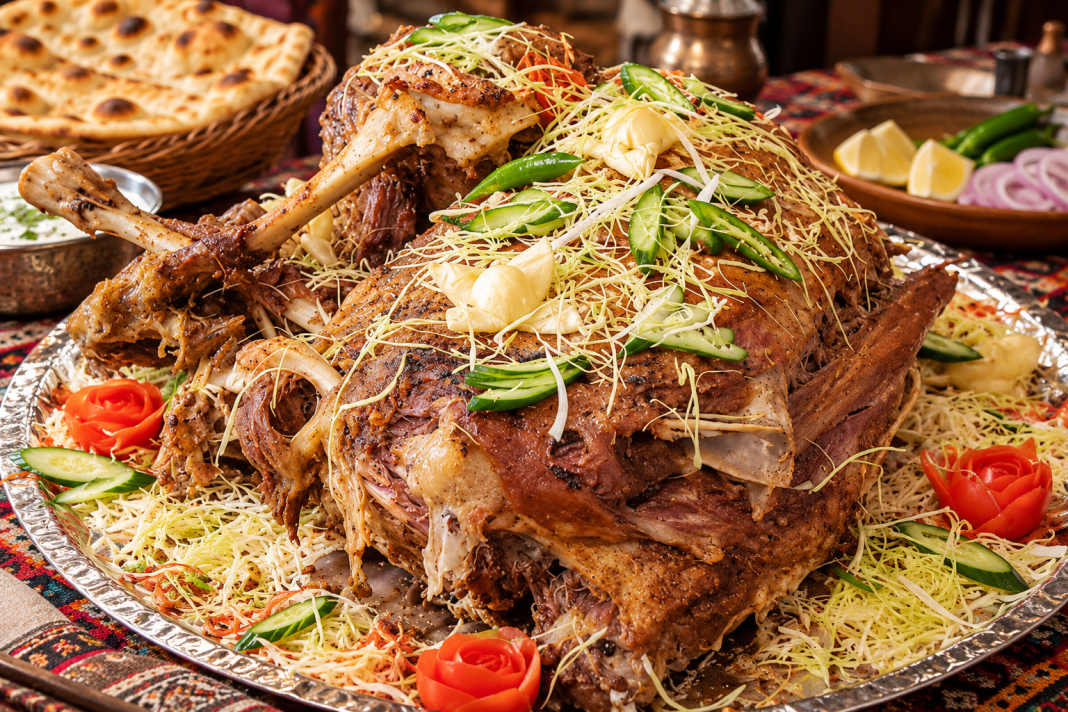 Illustration of namkeen gosht in a karahi, order Peshawari slow-cooked mutton on the Zarrasha app